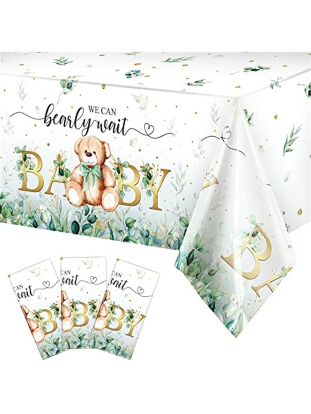 Bear Baby Shower Tablecloth Green Plastic Table Cover Boy Party Decorations 3 Pk